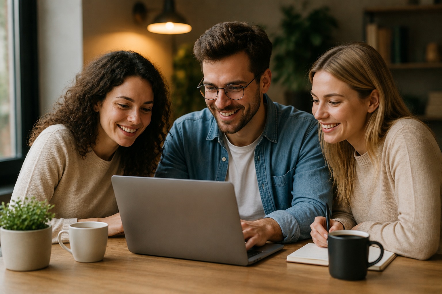 Ein Team überprüft verifizierte Online-Rabatte für einen Laptop in einem modernen Büro.