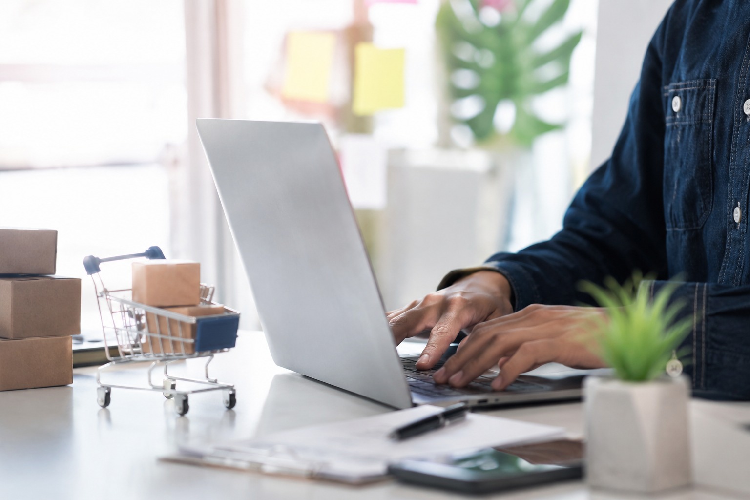 Eine Person nutzt einen Laptop, um Online-Shopping-Gutscheine und Angebote zu finden.