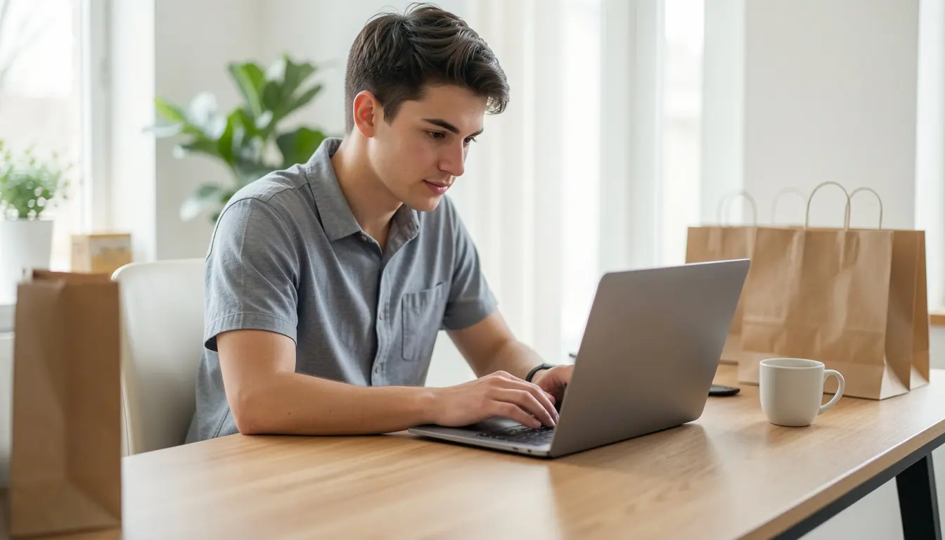 Mann am Laptop löst Gutscheine beim Online-Shopping ein.